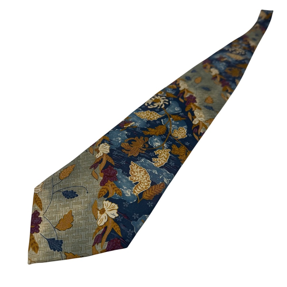 Structure Blue Gold Floral Geometric Italian Silk Made in USA 57" x 4" Necktie - Picture 7 of 8